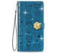 Glitter Wallet Case for ZTE Blade A35E Blue Shiny PU Leather Flip Cover Kickstand,Magnetic,Relief Glitter Animals Cat Dog Wallet Buckle Cell Phone Cases for ZTE Blade A35E
