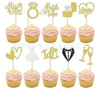 Glitter Wedding Cupcake Topper Set, 20 Pieces Glitter Cake Decorations with 10 Designs, Bride to Be, I Do, Love, Diamond Ring, Champagne Glass Motifs for Bridal Shower, Engagement (Gold)