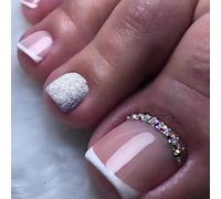 Glitter White French Tip Toenails With Rhinestones - Short Square Press On Nails Set For Women, DIY Application Salon Gel Look Decorative Toe Nail Art Kit For Casual Wear & Special Occasions