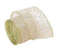 Glitter Wired Ribbon Decorative Featuring Gold Swirl Pattern, Sheer Organza Material with Metallic Wired Edges for Easy Shaping, for Wedding, Party, and Craft Projects (Gold)