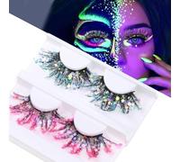 Glitter Wispy Colored False Eyelashes - 2 Pairs Glitter Colourful Lashes With Rhinestones, Flashing Eyelashes For Cosplay Party Festival Makeup Stage, 3d Fluffy Exaggerated Look Extensions Strip