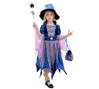 Glitter Women's Witch Costume Halloween for Girls with Hat, Candy Bag, Stick, Fancy Party Dress Outfit, Cosplay, Witch Costume, Cute Witch Costume Set Skirts Girls Tulle (Blue, 5-6 Years)