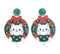 Glitter Wreath Cat Kitten White Christmas Xmas Statement Laser Cut Acrylic Big Oversized Gift Handcrafted Custom Unique Stud Earrings for Pierced Ears, Personalized Fashion Jewelry Studs Jewellery