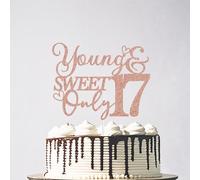 Glitter Young and Sweet Only 17 Cake Topper, Dancing Queen 17 Birthday Cake Decor, Happy 17th Birthday Party Decorations Supplies Rose Gold