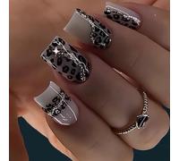 Glittering Acrylic Nail Grey Leopard Nail Print Press Nails Short Square Stick On Nails