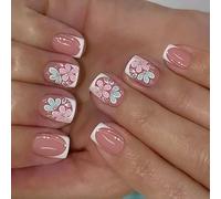 Glittering Artificial Nails French Tip Flower Pattern Press Stick Nails Long Lasting Durability Fashionable Glittering Nails
