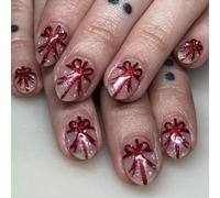 Glittering Christmas Press On Nails Short Oval False Nails With Bows Designs Stick On Nails For Festive Look 24Pcs