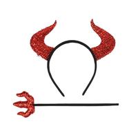 Glittering Devil Horns Headband - Devil Horns Headband and Divot Tool | Red Glittering Devil Horns, Glittering Demon Cosplay Accessories with Divot Fork, Cute Halloween Devil Ears Forehead