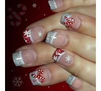 Glittering French Tip Press On Nails Short Snowflake Cane Holiday Design ABS Materials For Festive Occasions Elegant French Design Press On Nail