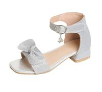 Glittering Girls' Summer Sandals, Fashionable Cute Bow Princess Shoes with Adjustable Ankle Strap, Open Toe with Block Heel, Dress Shoes for Weddings, silver, 2 UK