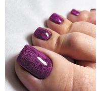 Glittering Purple Acrylic Press On Toenails With Glossy Finish - Faux Rounded Squoval Nail Tips With Adhesive Tabs, Short Square French Design For Women Pedicure, Kit Includes 12 Sizes For Universal