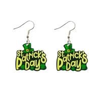 Glittering St. Patrick's Day Earrings Creative Beer Mug Clover Bear Cat Hen Yak Gnome Boot Bowknot Dangle Drop Earrings Irish Green Party Jewelry Gifts, Zinc, No Gemstone