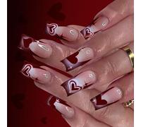 Glitters Artificial Nails 24PCS Wine Red Heart French Manicure Glossy Fake Nails for Dates Parties Artificial Fingernails Wine Red French Nail