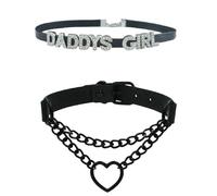 GlitterWe 2PCS Daddy's Gothic Layered Chain Heart Choker Necklace for Women, Black Stackable PU Leather Chokers, Goth Punk Grunge Emo Collars, Halloween Valentine's Day Jewelry Gift Accessories