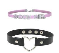 GlitterWe 2Pcs Pink Cute Sweet Y2K Goodgirl Adjustable PU Leather Choker,Black Punk Love Heart Collar Chain Goth Jewelry for Women
