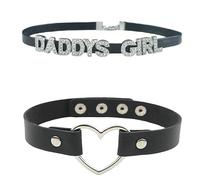 GlitterWe 2pcs Punk Love Heart Leather Choker Necklace for Women Dating,Goth Studded Rivet PU Collar Necklace With Spikes,Black Adjustable Cute Rhinestone DADDYSGIRL Letters Jewelry with Chain For