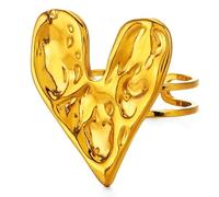 GlitterWe Hammered Gold Heart Statement Ring, Double Band Adjustable Design, Textured Metal Finish