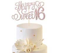 Glittery 16th Happy Birthday Cake Topper, Happy 16th Birthday Cake Toppers Birthdays Candles Sweet 16 Cakes Decorations for Celebrating 16ths Birthdays Anniversary Party Decoration, Rose Gold
