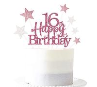 Glittery 16th Happy Birthday Cake Topper with Star,16 Birthday Cake Toppers Party Decorations Party Supplies for Girls Rose Gold