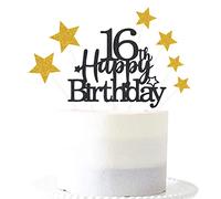 Glittery 16th Happy Birthday Cake Topper with Star,16 Birthday Cake Toppers Party Decorations Party Supplies for Boys Girls Black Gold