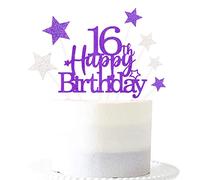 Glittery 16th Happy Birthday Cake Topper with Star,Personalised 16 Birthday Cake Toppers Party Decorations Party Supplies for Boys Girls Purple Silver