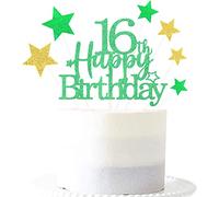 Glittery 16th Happy Birthday Cake Topper with Star,Personalised 16 Birthday Cake Toppers Party Decorations Party Supplies for Boys Girls Green Gold