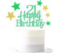 Glittery 21st Happy Birthday Cake Topper with Star,Personalised 21 Birthday Cake Toppers Party Decorations Party Supplies for Boys Girls Green Gold
