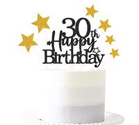 Glittery 30th Happy Birthday Cake Topper with Star,30 Birthday Cake Toppers Party Decorations Party Supplies for Men Women Black Gold