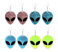 Glittery Alien Head Dangle Earrings Set for Women 4 Pairs Funky UFO Space Themed Acrylic Earrings Lightweight Colorful Cosmic Statement Drops Unique Jewelry Gifts for Party and Daily Wear, M, Acrylic