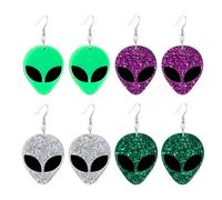 Glittery Alien Head Dangle Earrings Set for Women 4 Pairs Funky UFO Space Themed Acrylic Earrings Lightweight Colorful Cosmic Statement Drops Unique Jewelry Gifts for Party and Daily Wear, M, Acrylic