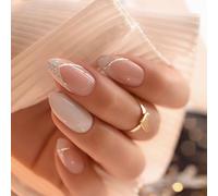 Glittery Almond Press On Nails - 24pc French Striped False Nails with Reusable Adhesive, Long Lasting & Easy Application for Women, Girls - Ideal for Everyday Wear, Parties,