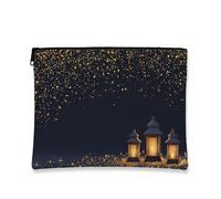 Glittery Cosmetic Bag, Lantern Design Night Sky Travel Pouch for Women, Portable Small Canvas Zipper Organizer, Holiday Skincare Toiletry Bag, Black, 7x9 Inch, Cosmetic