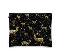 Glittery Deer Makeup Bag, Black Gold Animal Cosmetic Travel Pouch for Women, Portable Canvas Zipper Organizer, Holiday Skincare Toiletry Bag, Black, 7x9 Inch, Deer