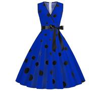 Glittery Dress for Women Polka Dot Waist Retro Large Swing Dress Summer Dress with Belt (Blue, S)