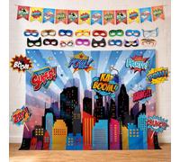Glittery Garden Superhero Photo Backdrop, Colorful Comic City Skyline, XL