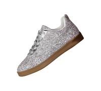 Glittery Shoes for Women Flat Air Cushion Trainers Sparkly Sneakers with Elastic Elegant Non-Slip Walking Shoes Running Outdoor Fitness Road Running Outdoor Sports Sneakers Silver