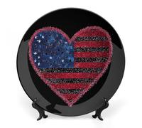 Glittery U.S. Flag Heart Bone China Decorative Plate Ceramic Plates Wall Decor with Display Stand 10inch
