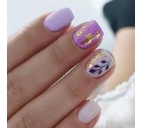 Glitterys Short False Nails 24Pcs Winter Collection Purplee Gold Leaf Design Easy Application ABS Materials Holiday Nails Art Short Coffin Fake Nail Multiple Sizes