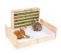 Glittme 2 in 1 Rabbit Litter Box with Hay Feeder Wood Mess Proof Bunny Litter Box with 2 Basins for Dwarf Rabbit, Bunny