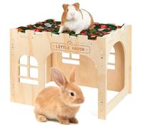Glittme Wooden Rabbit Castle Hideout - Large Indoor Bunny House & Guinea Pig Hut with Roof Platform Bed Enrichment Cage Accessories for Chinchilla Ferret (Mat Included)