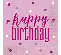 Glitz Pink & Silver Happy Birthday Luncheon Napkins (16cm) - Perfect for Parties - 16ct