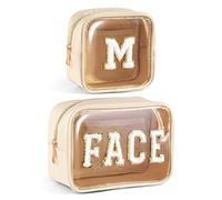 Glitzcharm Makeup Bag 2 Pcs Clear Makeup Bag for Handbag Small Cosmetic Bag for Purse Travel Makeup Pouch with Slip-in Pockets, Vegan Leather, Beige