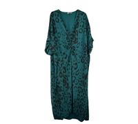 Glitzee Animal Print Lagenlook Dress with Twist Knot, Comfortable Oversized Dress V-Neck Midi Short Sleeve Women's Dress Teal