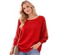 Glitzee Italian Lagenlook Embellished Sleeve Jumper for Women | Pearl Diamante Stud | Soft Fine Rib Knit Boat Neck | Batwing Drop Shoulder | For Autumn & Winter | One Size to Fits All Red