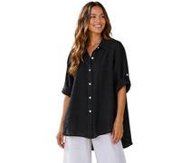 Glitzee Italian Lagenlook Oversized Button Through Shirt for Women | A-Line Collared Button Tab Sleeve Hi-Lo Hem | Loose Fit Casual Summer Tunic | Linen Material | One Size UK 10-24 (Black)