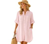 Glitzee Italian Lagenlook Stripe Cotton Shirt Dress for Women | Band Collar Button Tab Sleeve Tunic | Cotton Fabric | Loose Fit Casual Summer Dress | One Size Up to UK 22 (Light Pink)