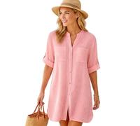Glitzee Italian Lagenlook Stripe Cotton Shirt Dress for Women | Band Collar Button Tab Sleeve Tunic | Cotton Fabric | Loose Fit Casual Summer Dress | One Size Up to UK 22 (Coral)
