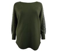 Glitzee Ladies Italian Lagenlook Pearl, Diamante and Stud Embellished Sleeve Jumper Khaki