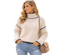 Glitzee Women's Italian High Neck Jumper | Lagenlook Winter Chunky Knit Top | Lightweight Wool Blend | Soft Cozy Drop Shoulder Pullover | Perfect for Everyday Wear | One Size (Beige)