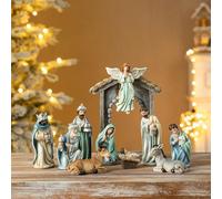 Glitzhome 11Pcs Resin Nativity Figurines Set for Christmas Indoor Deluxe Blue Holy Family with Angel Nativity Sets Scene Collectible Figures Christmas Table Statue Ornaments Church Gifts 8" x 20.75"